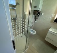 A bathroom in a studio apartment with a corner shower, sink, and toilet.