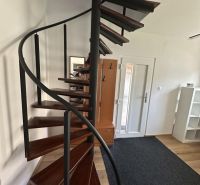 Spiral staircase in a studio apartment with a wood-patterned floor.