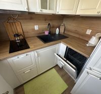 A kitchen in a studio apartment with a wooden decor countertop, built-in dishwasher, and sink.