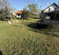 A garden with a trampoline and trees near a family house in Dolný Štál.