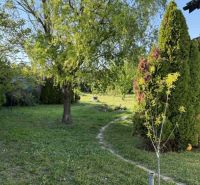 The garden of a family house in Dolný Štál, surrounded by trees and well-maintained greenery.