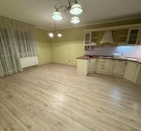 A kitchen in a 3-room apartment with a wooden decor floor and light fixtures.