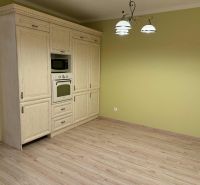 Kitchen cabinet with microwave and oven, green walls, floor with wooden decor.