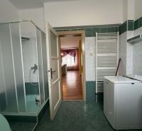 Bathroom with a washing machine and a shower in a family house.