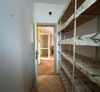 A narrow pantry in a family house with shelves, an open door in the background.