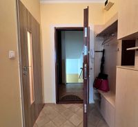 The entrance hall in a one-room apartment with built-in cabinets and open doors.