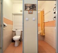 Bathroom in a studio apartment with orange tiles and a curtain.