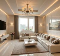 Living room in a one-bedroom apartment with a sofa, table, and elegant chandelier.