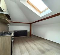 A kitchen in a 3-room apartment with a skylight and a wooden decor floor.