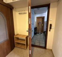 Open entrance door, tiles, wardrobe, and coat rack in a 3-room apartment.