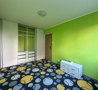 A room in a 3-room apartment with a colorful carpet, green walls, and a built-in wardrobe.