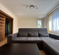 A bright living room with a sofa and a built-in shelf in a three-room apartment.