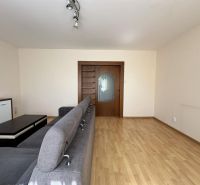 Living room in a 3-room apartment with a wooden decor floor, gray sofa, and doors.