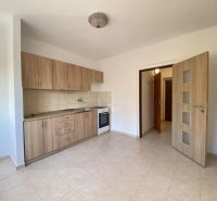 A kitchen in a studio apartment with tiled flooring and wooden decor cabinets.