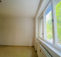A spacious room in a one-bedroom apartment with a large window and white walls.