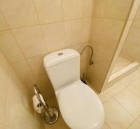 Bathroom in a studio apartment with a ceramic toilet and a toilet paper holder.