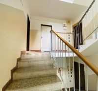 A staircase in a block of flats with a metal railing, leading to the apartments on the floor.