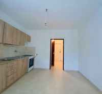 A kitchen in a one-room apartment with a kitchen unit and light walls.