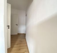 A hallway in a one-room apartment with a wooden decor floor and white walls.