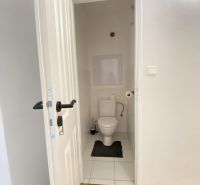 A toilet in a one-room apartment with a wooden decor floor and white tiles.