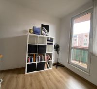 A room in a one-room apartment with a shelving system and a floor with a wood decor.