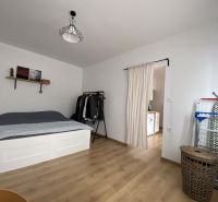A bedroom in a studio apartment with a bed and a wooden decor floor.