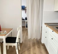 Kitchen corner with a curtain, dining table, and floor with wood decor in a studio apartment.