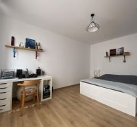 A bright room with a wood-decor floor, a desk, and a bed in a studio apartment.