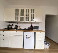 A kitchen in a studio apartment with a wood-patterned floor and white furniture.