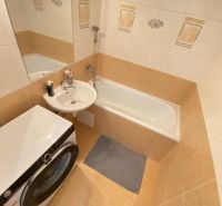 Bathroom with a shower, washing machine, and sink in a studio apartment.