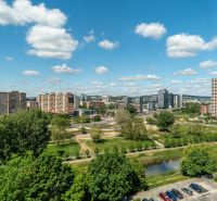Bratislava - Petržalka, Lachova Street, display of 3-room apartments among greenery and a small river.