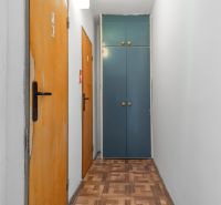 A narrow hallway in a 3-room apartment with a wooden decor floor and a built-in wardrobe.