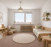Children's room in a 3-room apartment with natural wooden furniture and a round carpet.