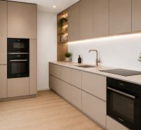 Kitchen in a 3-room apartment with wood-decor flooring, built-in appliances, modern storage solutions.
