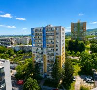 View of residential buildings and green areas in Bratislava on Sadmelijská Street.