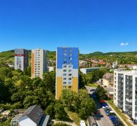 Panorama of Sadmelijska Street in Bratislava-Rača with lush greenery and apartment buildings.