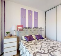 Bedroom with a bed, storage space, and decorations in a 2-room apartment with a wood-patterned floor.