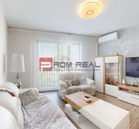 Living room in a two-room apartment with a wooden decor floor, a comfortable sofa, and a television.