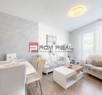 Living room in a two-room apartment with a wooden decor floor, light furniture, and a dining table.
