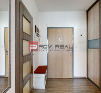 Interior of a 2-room apartment with a wooden decor floor and a built-in wardrobe.