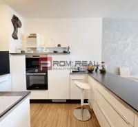 A kitchen in a 2-room apartment with black cabinets and a wooden-patterned floor.