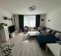 Living room with a corner sofa, TV, and floor with wood decor in a 3-room apartment.