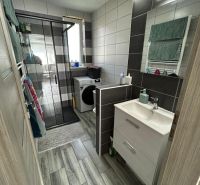 A bathroom in a 3-room apartment with a wooden decor floor and a shower corner.