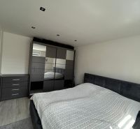A double bed in the bedroom, a wardrobe with a large mirror, a floor with a wooden decor.