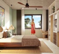 A bedroom in a 2-room apartment with natural elements and a view of palm trees.