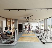 Gym with cardio machines, dumbbells, and large windows, floor with wood decor.