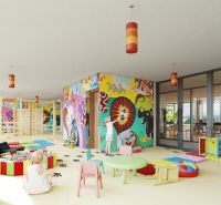 Children's corner with colorful paintings, toys, and playful furniture in a 2-room apartment.