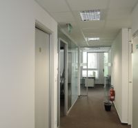 Offices with white walls, glass partitions, and carpeted floors.