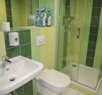 Bathroom with a sink, shower, and green tiles in the office.