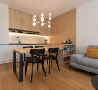 The kitchen of a 2-room apartment with modern furniture and a wooden decor floor.